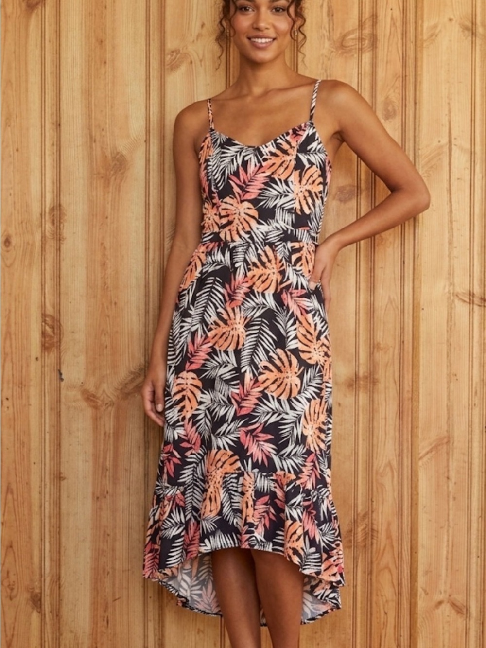 Maison Jules Black High-Low Slip Dress with Coral and White Tropical Print